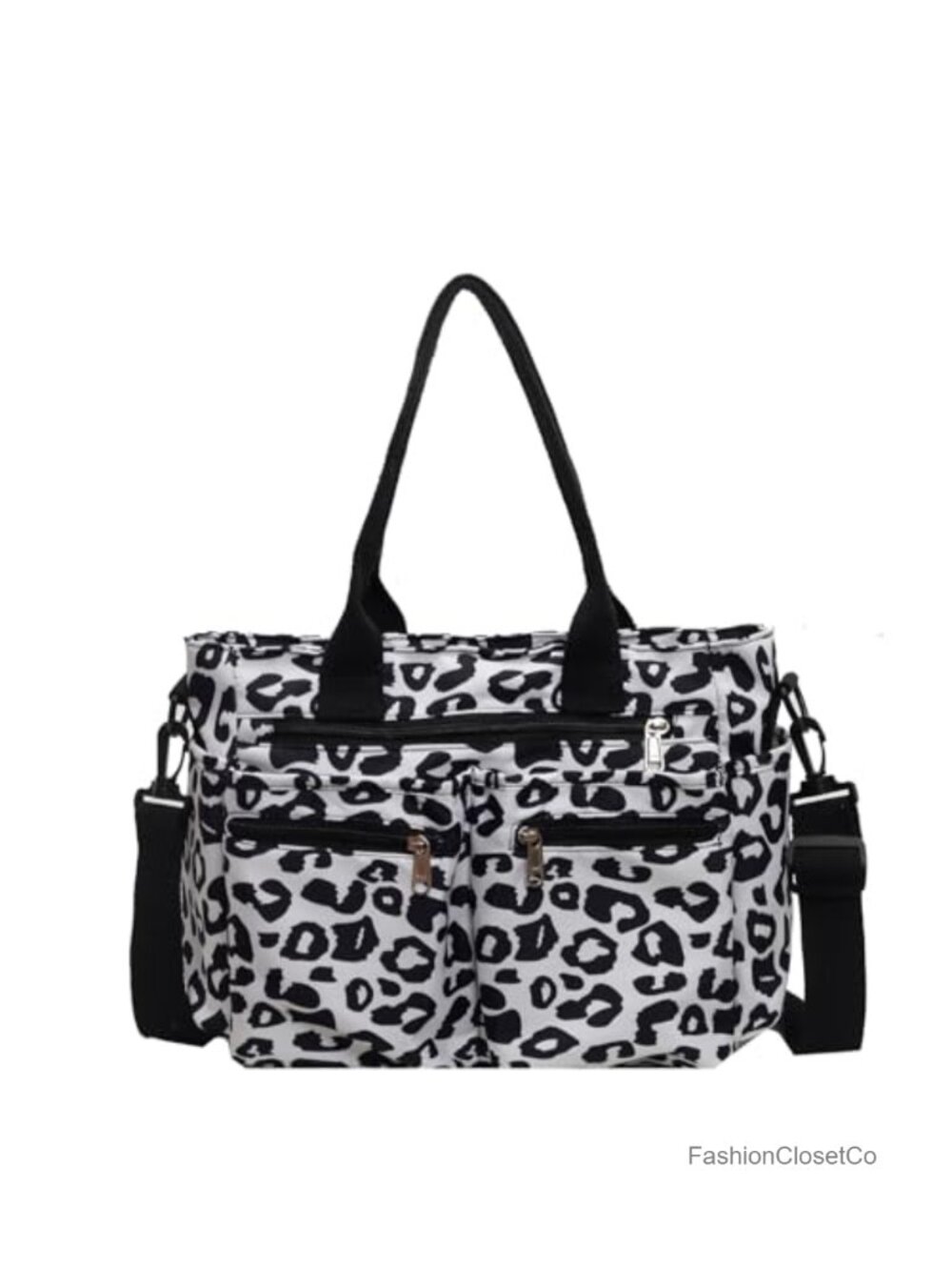 Canvas Leopard Print Tote Bag, Multiple Pockets, Adjustable Strap, Work, Travel